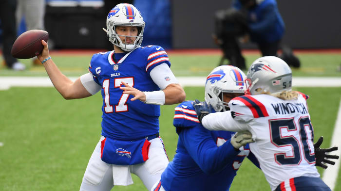 Josh Allen throws a pass against the Patriots during the 2020 season